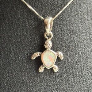 Sterling Silver Opal Baby Sea Turtle Pendant on 16” Box Link Necklace
